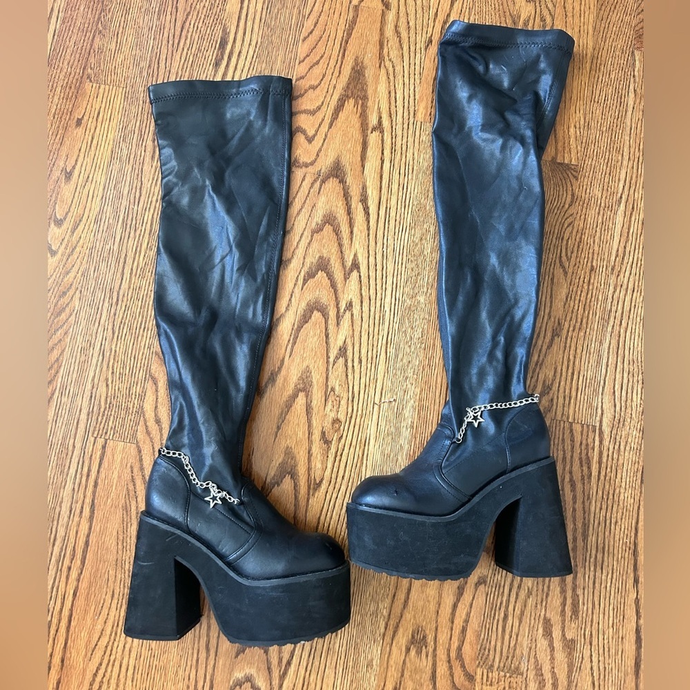 Dolls Kill Black Platform Over-the-Knee Chunky Heel Boots with Chain Accent